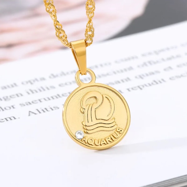 Disk Constellation Halskæde 12 Stjernetegn Sten Vedhæng Halskæde Kvinder Mode Horoskop Smykker Fødselsdagsgaver Guld Farve Gold Color Aquarius