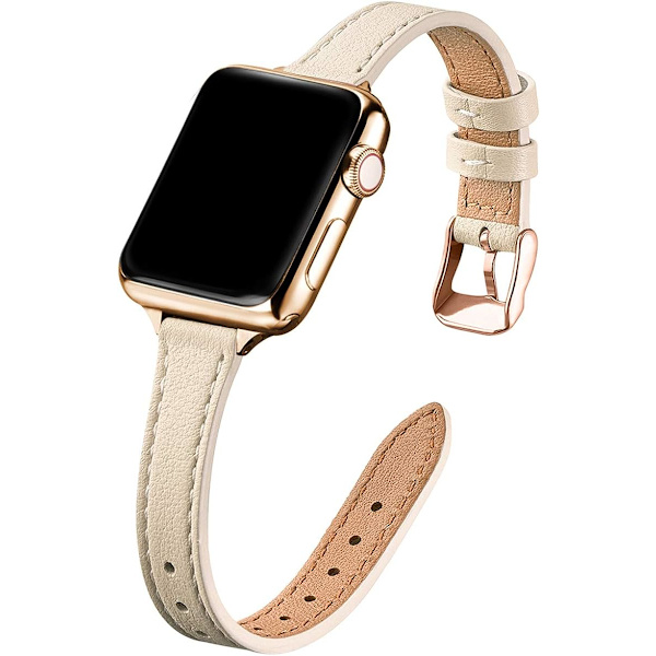 Hoikka nahkahihna, yhteensopiva Apple Watch Band 38 mm:n kanssa, beige ja kulta Beige with Gold 42mm/44mm/45mm/49mm