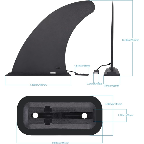 9 tommers universell avtakbar SUP-surfebrettfinne med finnebase, midtfinne for surfebrett, erstatningsfinne for padlebrett, forsterket nylon for longboard