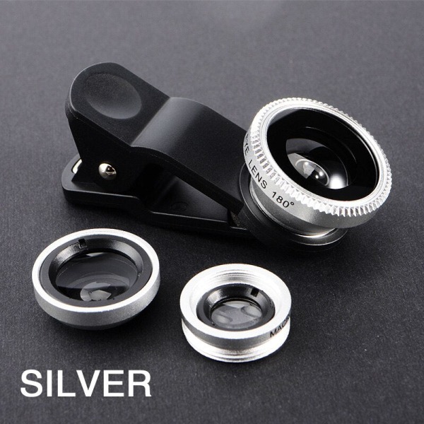 3-i-1 Fisheye-objektiv 0,67X vidvinkelzoom Fisheye makroobjektiv kamerasett med klips universalobjektiv for iPhone 13 Xiaomi Huawei Silvery