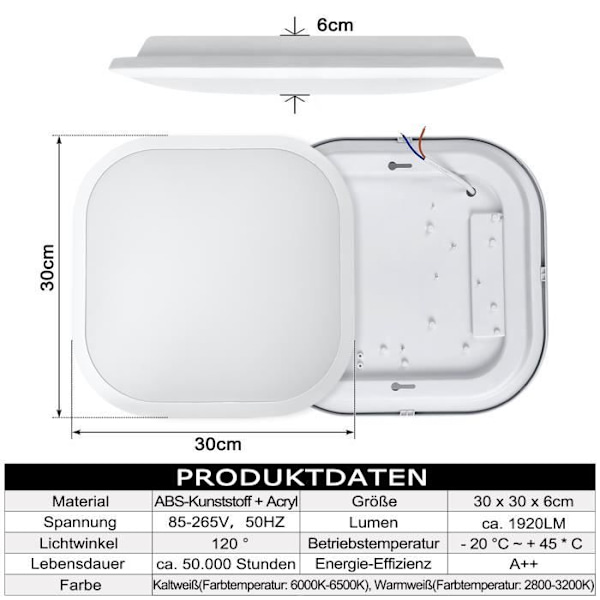 XMTECH LED-taklampe 24W Kald hvit IP44, 6000K-6500K, Radarsensor med bevegelsessensor, For hall, trapp