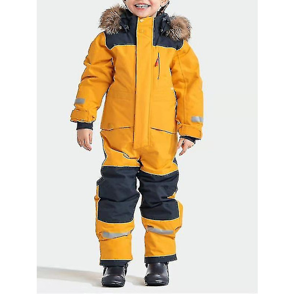 Enkel og dobbel-brett Vindtett Vanntett Forsterket Glødende i mørket Barn Ski Dress i ett stykke Gutter og Jenter Bomulls Klær Gul Yellow 90
