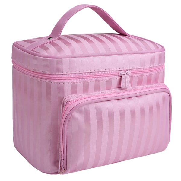 Foldbar Stribet Makeup Taske med Stor Kapacitet - Lager pink