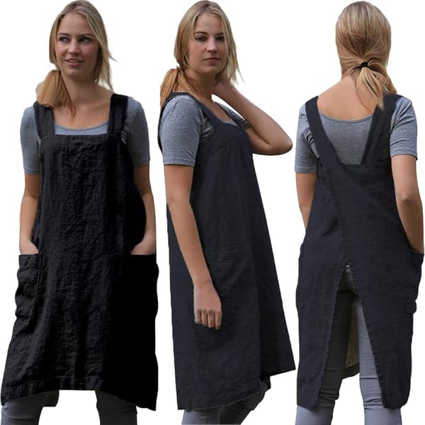 Kryssforkle for kvinner med lommer for hagearbeid, matlaging, maling, baking og arbeid - M - Svart