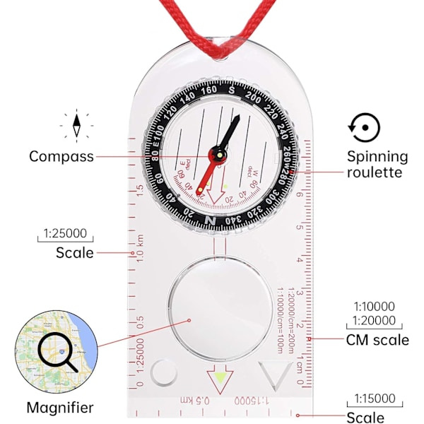 Vandrest kompas, bærbart kompas til bjergbestigning, udendørsaktiviteter og kortlæsning med snor