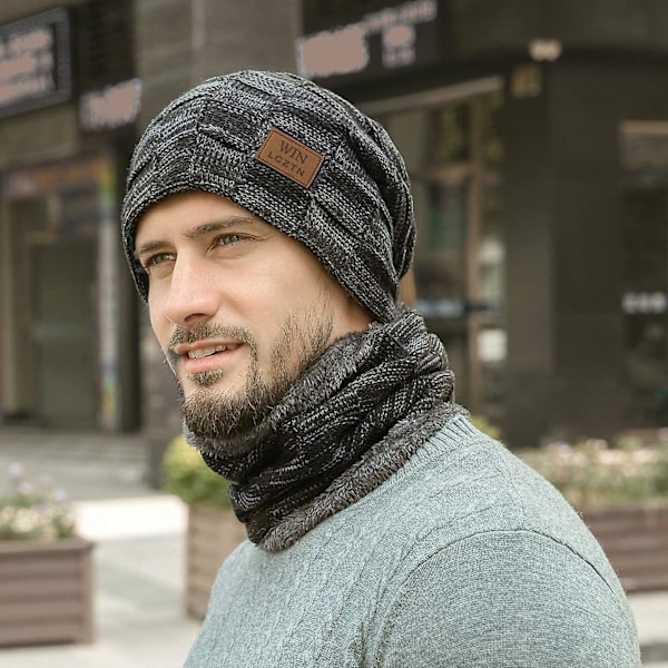 Vinterlue for menn Skjerfsett Varm fleecefôret strikket skihue Slouchy Skull Cap for unisex gave Grey