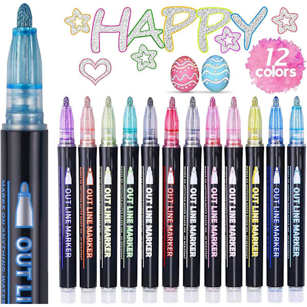 Glitter-tusjpenner, gaver til tenåringsjenter, julegave til barn, 12 farger metalliske dobbeltlinjepenner for scrapbooking 12 Colors