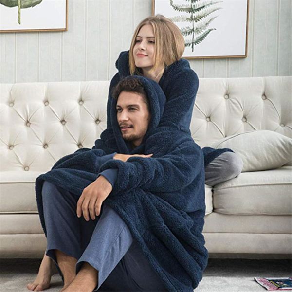 Stor hættetrøje-tæppe sweater dobbeltsidet fleece bærbar tæppe par mænd kvinder hjem Blue