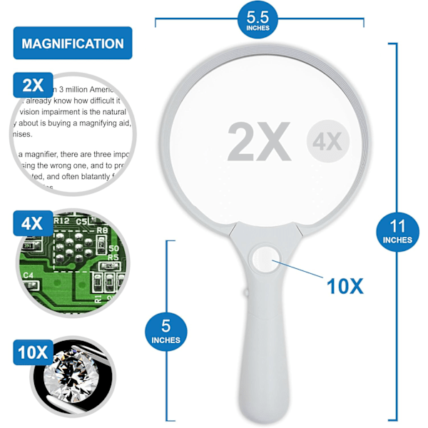 Stor förstoringsglas med LED-ljus - 2X 4X 10X förstoring