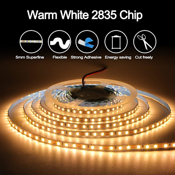 LED-stripe 12V, 1 cm bred, LED-stripe 3000K 5M varm hvit 2835