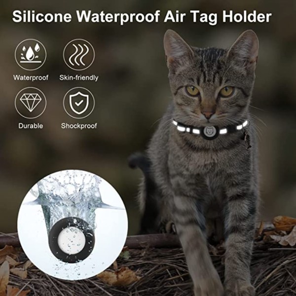 Avtagbar AirTag-kattkrage, reflekterande Apple AirTag-kattkrage med klocka och vattentätt AirTag-fodral GPS-husdjursspårare krage (svart)