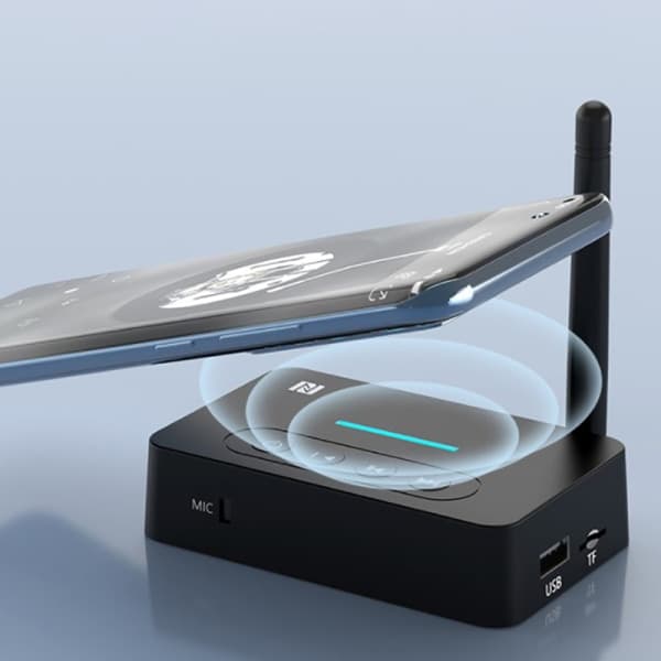 1 i 1 NFC Bluetooth-mottaker og -sender 3,5 mm AUX/2 RCA Sup