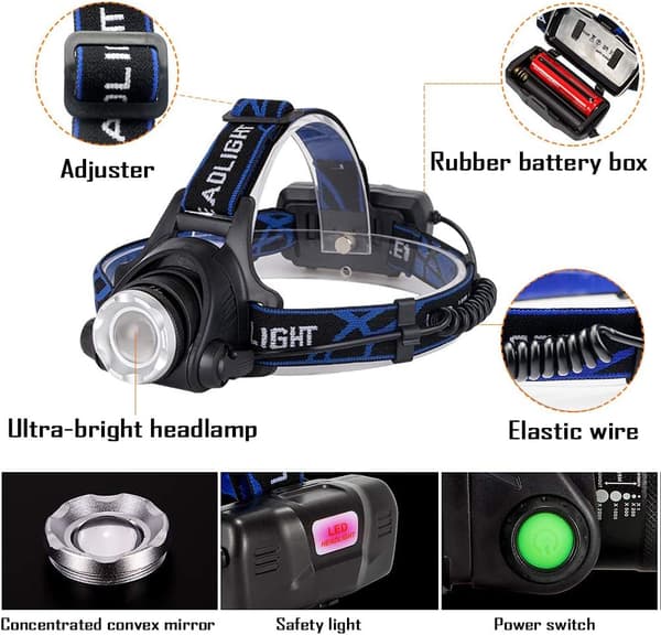 Hodelykt, Oppladbar LED-lampe, 10000LM Hodelykt med 3 lys