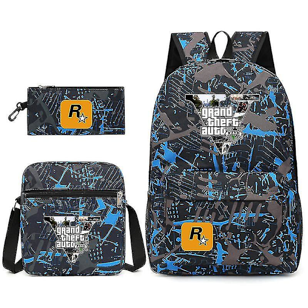 FW 3 pcs Gta5 Grand Theft Auto Student School Bag Backpack Small Shoulder Bag Pencil Case