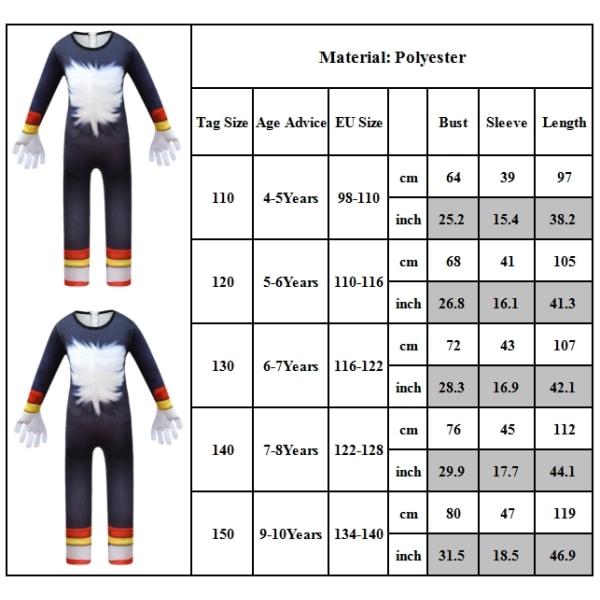 Sonic The Hedgehog Cosplay -asu lapsille, pojille ja tytöille - Hyppypuku + Naamio + Hanskat 10-14 vuotta EU 140-164 - Täydellinen Shadow Hyppypuku + Naamio Shadow Jumpsuit + Mask 4-5 years = EU 98-110