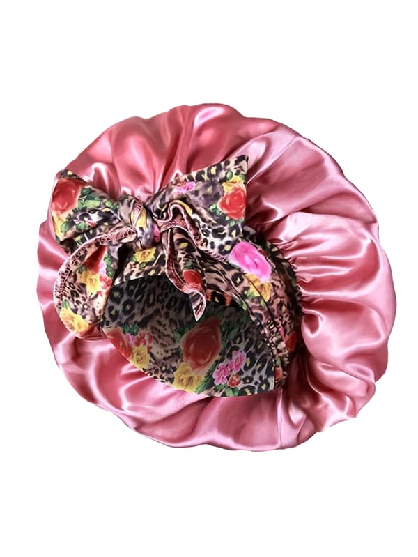 Satin Blommig Sovmössa – Bredbrättad Badmössa med Stor Rosett, Extra Stor Storlek Reddish-brown