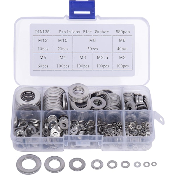 Metallbrikker (580 stykker) med plastboks - 9 forskjellige størrelser av rustfrie stålskiver M2, M2.5, M3, M4, M5, M6, M8, M10 og M12 - Flat skive