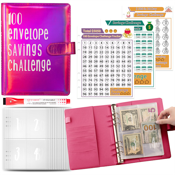 100 kuvert Pengar att spara utmaningsmapp, A5 budgetpärm med kontantkuvert Dark Pink