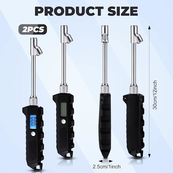 2 stk. digitalt dæktryksmåler 250 PSI Heavy Duty Dual Head rustfrit stål med LCD og lommelygte til bil lastbil RV biltilbehør