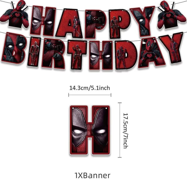 Deadpool-tema fødselsdagsfesttilbehør, herunder banner, balloner, kagepynt og cupcakepynt