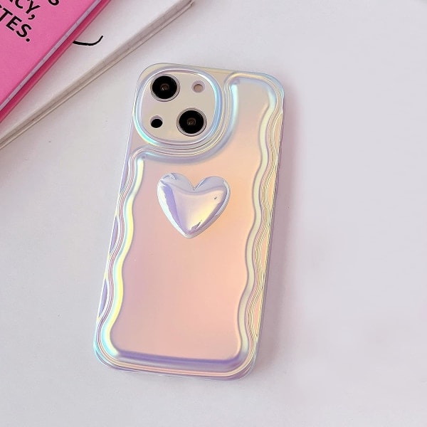 IC For iPhone 14 Deksel 6.1 tommer Søt 3D Kjærlighet Bølge Ramme Myk TPU Glitter Laser Flerfarget Blinkende Deksel for iPhone 14 Jente Jente Lilla