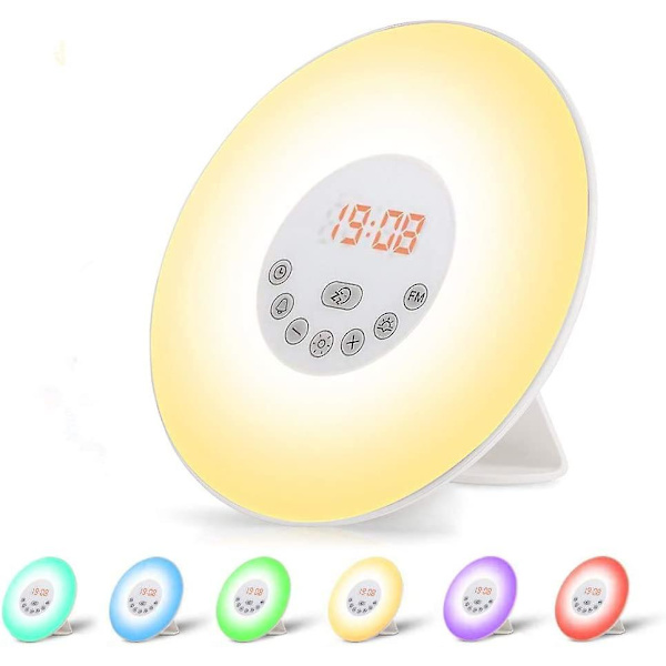 Radiovækkeur Lys Led Sengelampe Touch Control Solopgang og Solnedgang Simulation 10 Lysniveauer Snooze 6 Naturlige Lyde, 7 Farver Nattelys til