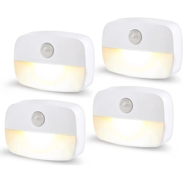 LED natlys med bevægelsessensor, 4 varme hvide batteridrevne lys, 2 lystilstande, automatisk tænd/sluk sensorlys til gang, trapper, soveværelse