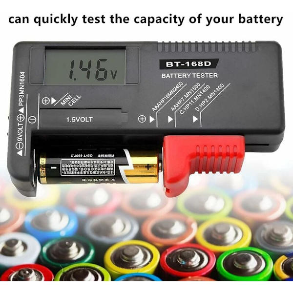 Digitalt batteritester, Universal batteritester, Batteritester, til AA, AAA, C, D, PP3, 9V, 1,5V, knapcellebatterier - Fungerer uden batterier