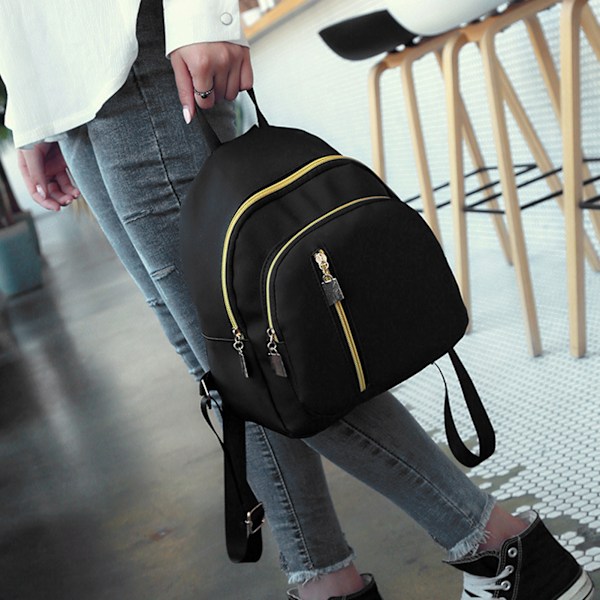 Vedenkestävä rento tyyli nylon-reppu vetoketjulla, pehmeä ja mukava matkalaukku naisille, musta, vapaa koko