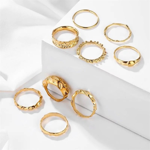 9-pak Ringe - Blanke, Matte & Forskellige Mønstre gold