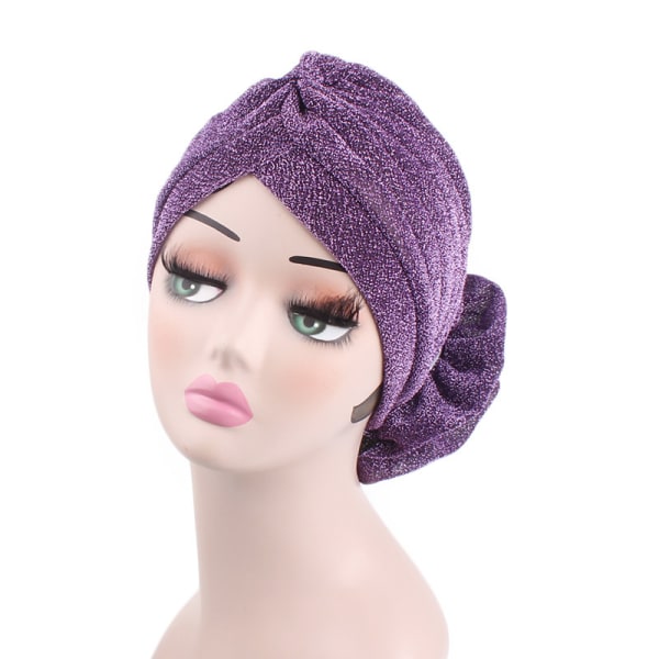 Damemote lys silke stor blomst turban lue retro turban purple