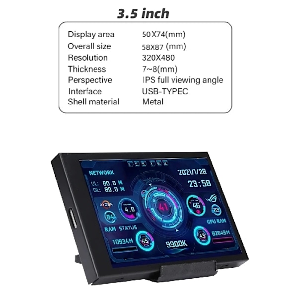 Ny 3,5 tommer IPS TYPE-C sekundær skærm computer CPU GPU RAM HDD-skærm USB-skærm til frit AIDA64
