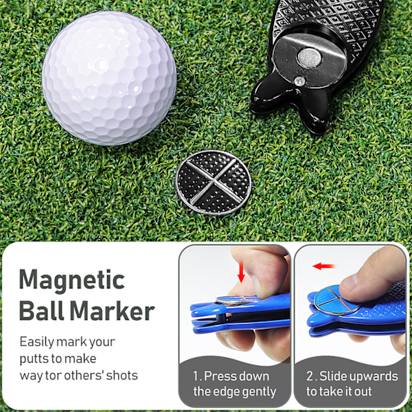 Fiskformet golf divot reparationsværktøj sammenklappelig pop-up knap magnetisk boldmarkør pitch mark letvægts bærbar mini Orange