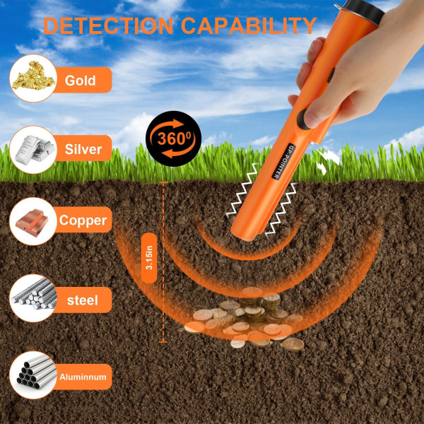 Vattentät metalldetektor pinpointer - handhållen och bekväm med hölster - perfekt för att hitta guld, mynt och smycken med 360° scanning Black