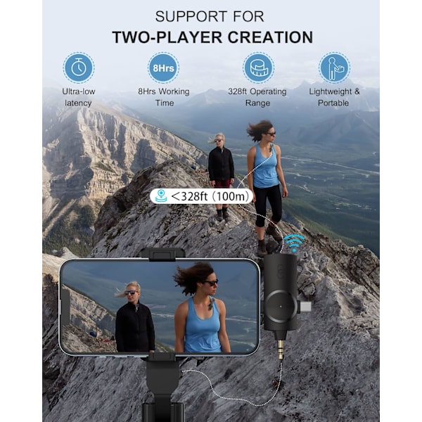 Dobbelt trådløse mikrofoner til iPhone/Android-telefon/kamera/bærbar computer,