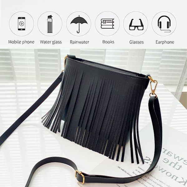 Damväska i Läder med Fransar, Crossbody, Plånbok för Dagligt Bruk