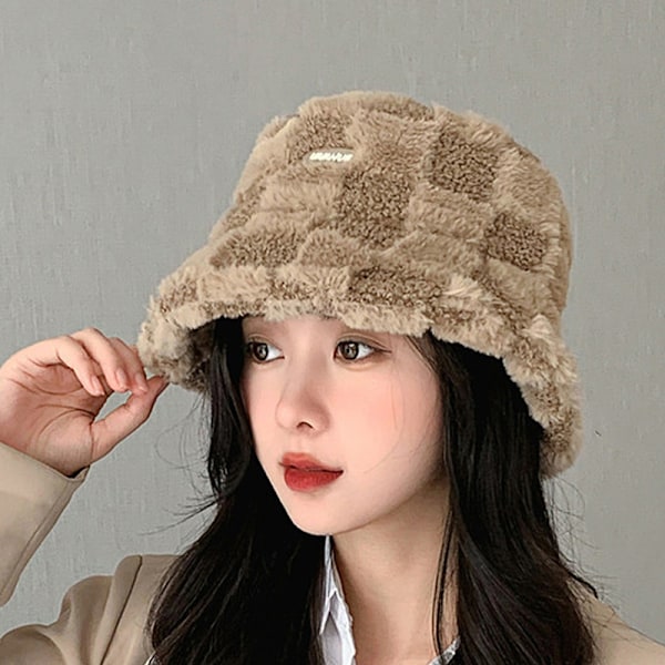 Lammeplys Fiskerhat Fleece Ternet Spand Spand Vinter Col Khaki