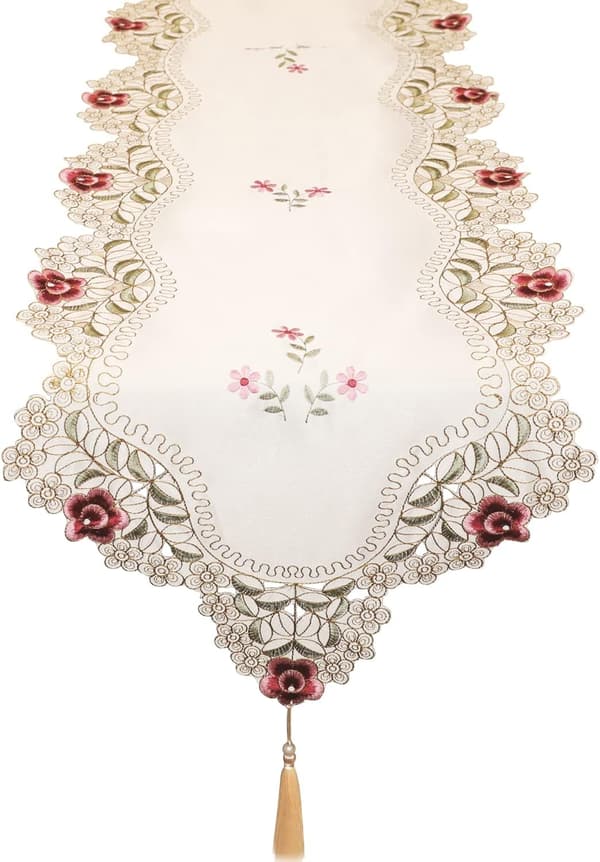 Makramé Bordløper, Rustikk Hvit Blonde, Blomsterbroderi{BT}