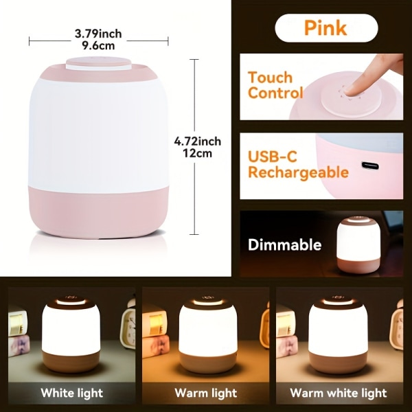 1 st uppladdningsbar bordslampa, nattljus med pekkontroll, sladdlös bordslampa Pink - 2400mAh