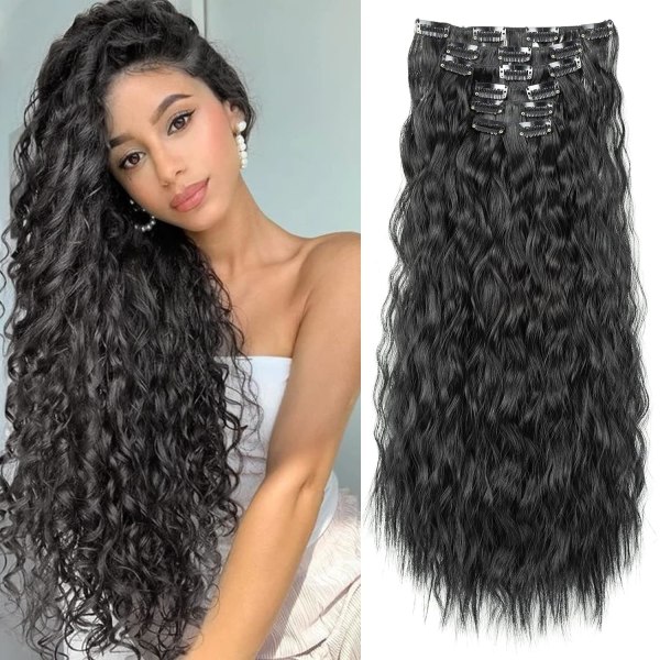 Clip In Hair Extensions, 6PCS 24\" Sort Hår (Sort)