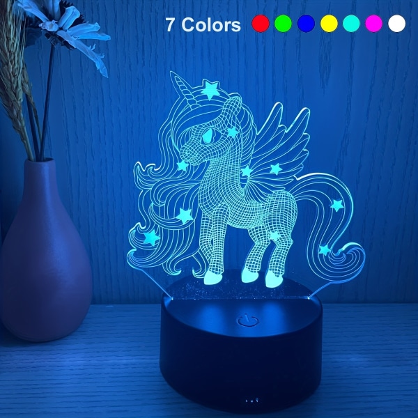 1 stk. 3D lille nattelys, enhjørning seng bordlampe, akryl plade skrivebordslampe 7 Colors