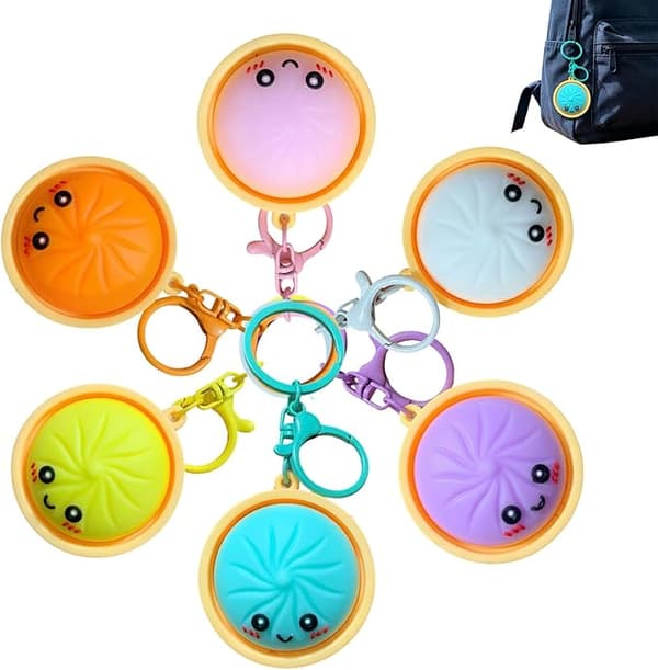 dumpling squishy keychain, squeeze keychain, dumpling fidget toys, fun keychain for anxiety and stress reduction blue