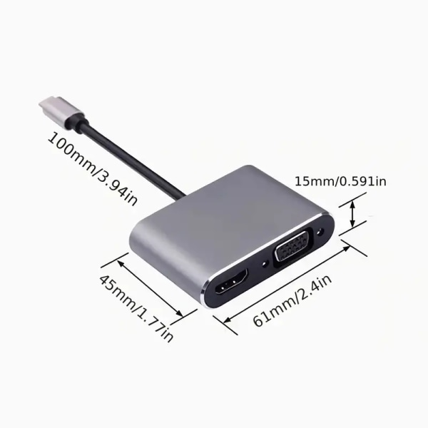 USB C Hub til HDMI VGA Multiport Adapter, 4-i-1 USB C til Vga Multiport