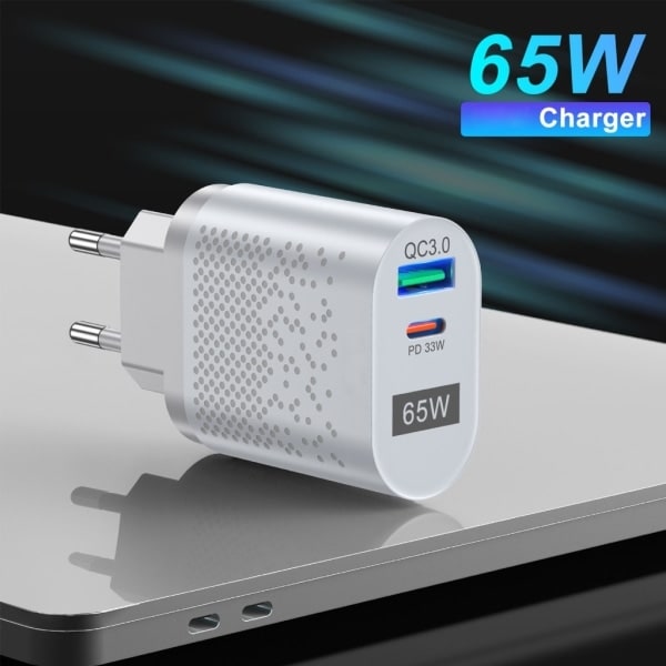 US/EU/UK/KR 65W GaN-laturi QC 3.0:lle USB PD -seinälaturi, Type C USB -pikalaturi kannettavalle puhelimelle, virtapankkisovitin, valkoinen - EU-Xin