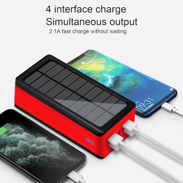 Powerbank, bærbar lader, solcellelader med stor kapasitet 50000mAh, Powerbank hurtiglading med 4 USB-porter innebygd 32LED, for camping