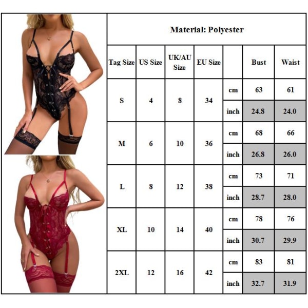 Naisten syvä V-alusasut Teddy Yksivärinen Body Pitsi Babydoll viininpunainen wine red L