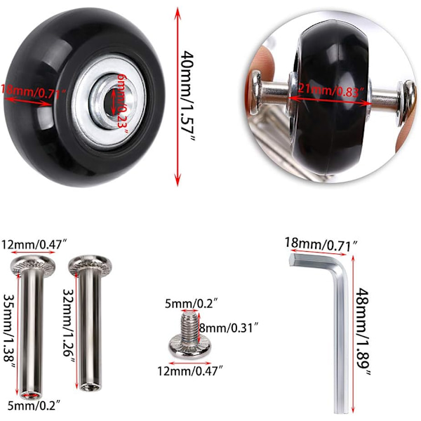 40 mm x 18 mm Resväskersättningshjul Gummisvängbara Hjul Lager Reparationssatser Set om 4