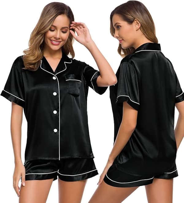Dam Silkesatin Pyjamas Set Kortärmad Knappar Nattkläder Loungewear