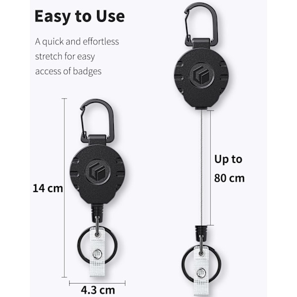 Uniclife utdragbar nyckelring med ID-korthållare - rostfritt stålfjäder, 80 cm stålkabel, karbinhake och nyckelring, upp till 226 g Pcs