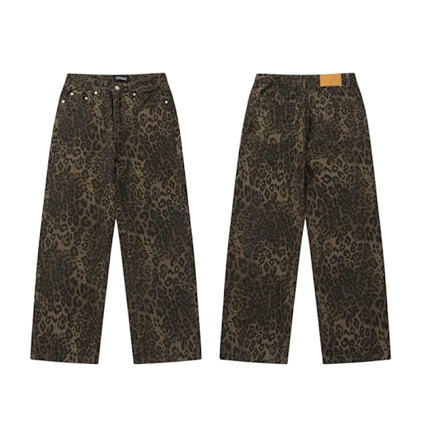 Brun leopard jeans dame denim bukser vide ben bukser leopard print leopard print leopard print 2XL